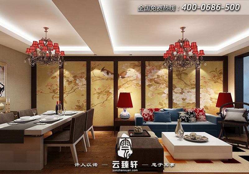 中式客廳鳥(niǎo)語(yǔ)花香屏風(fēng)效果圖