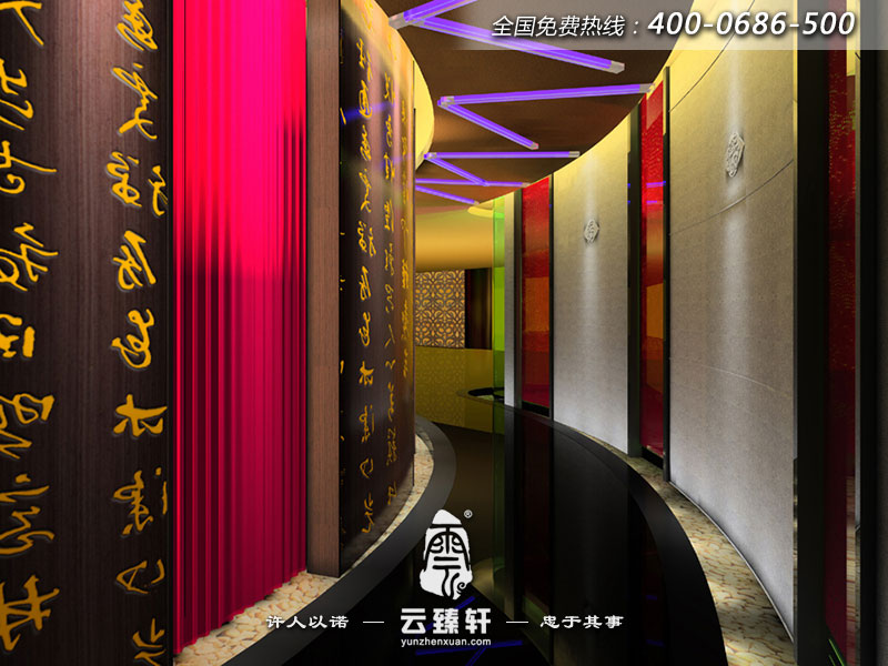 KTV二樓走道裝修設(shè)計的相對活躍，色彩鮮明
