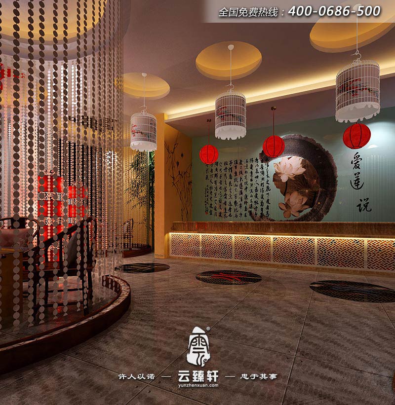 湖北中式養(yǎng)生會館的大堂前臺裝修設(shè)計(jì)