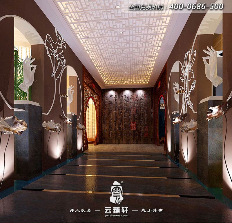中式養(yǎng)生會館的一層過道在裝飾細(xì)節(jié)上崇尚自然